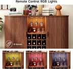 ONBRILL 55" Wine Bar Cabinet with LED Light, Modern Fluted Liquor Whiskey Home Bar with Wine Rack and Glass Holder, Farmhouse Buffet Sideboard with Storage for Living Room, Kitchen, Entryway (Walnut)