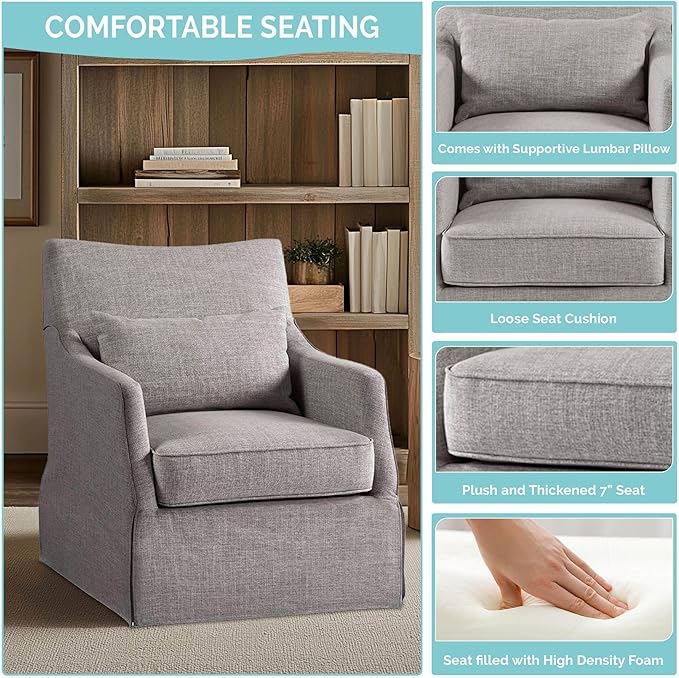 Martha Stewart London Swivel Chair - Solid Wood & Plywood, Skirted Metal Base Accent Armchair, Lumbar Pillow -Modern Classic Family Room Sofa Furniture Bedroom Lounge, 28"X31.5"X35.25", Grey