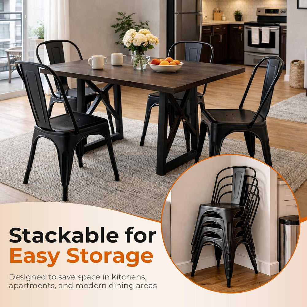 Set of 8 Midnight Black Metal Dining Chairs, Classic Tolix Style Stackable Ki...