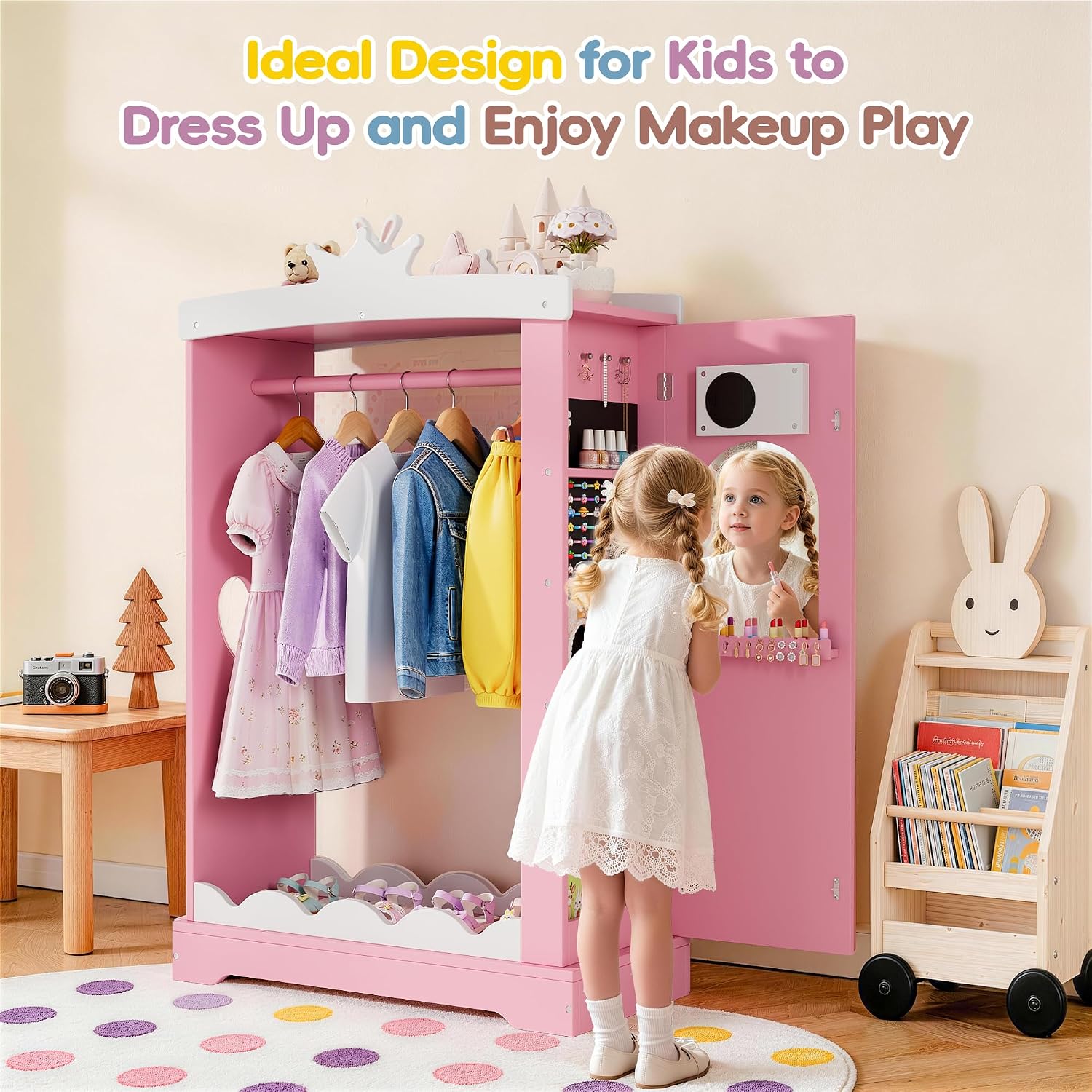 Kids Dress Up Wardrobe with Light-Up Full-Length Mirror & Jewelry Cabinet, Wooden Princess Pretend Play Armoire Closet with Crown Top and Storage for Girls Room (Pink)