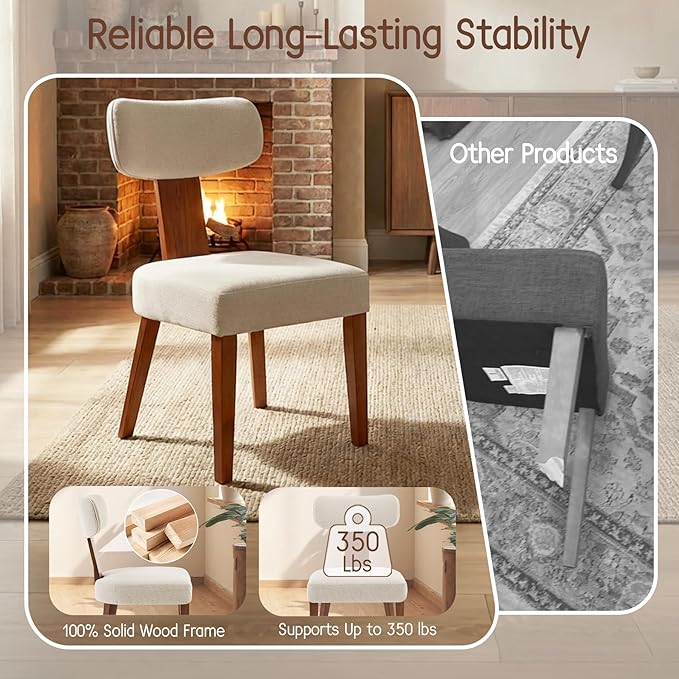 Dining Chairs, Mid-Century Modern Upholstered Kitchen Chairs with Curved Backrest and Linen Fabric Seat, Wood Leg Accent Chairs for Dining Room, Living Room, Bedroom, Linen Beige