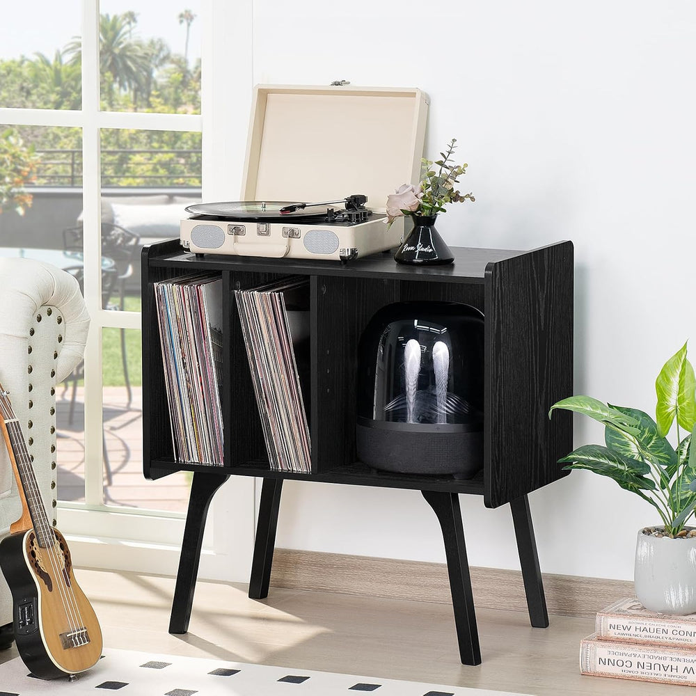 LELELINKY Record Player Stand, Black Vinyl Record Storage Table, 4 Cabinet | ...