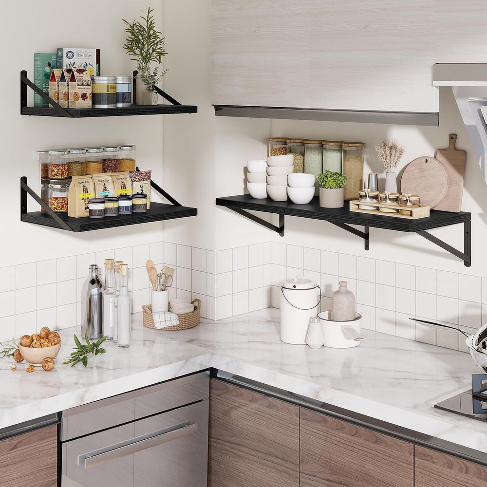 12" Deep Wall Shelves with Metal Brackets, 24" Wide, Black Finish, ...