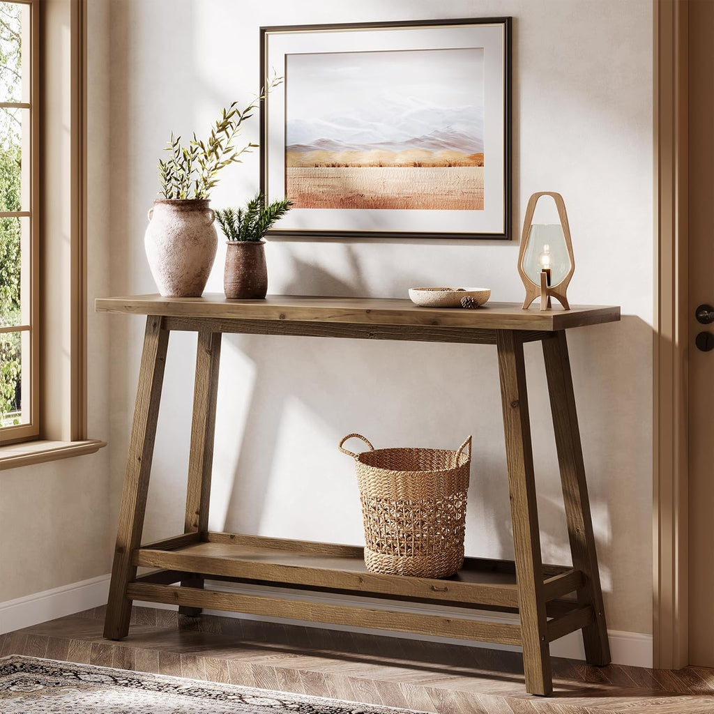 41.3" Farmhouse Console Table, Solid Wood Entryway Table with Storage Shelf, 2 Tiers of Narrow Behind Couch Sofa Furniture for Living Room, Hallway, Foyer, Easy Assembly, Brown