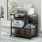 32.3" Wide Extra Large Printer Stand, 3 Tier Printer Table with Adjustable Storage Shelf, Rolling Printer Cart with Industrial Wheels for Home Office, Rustic Brown