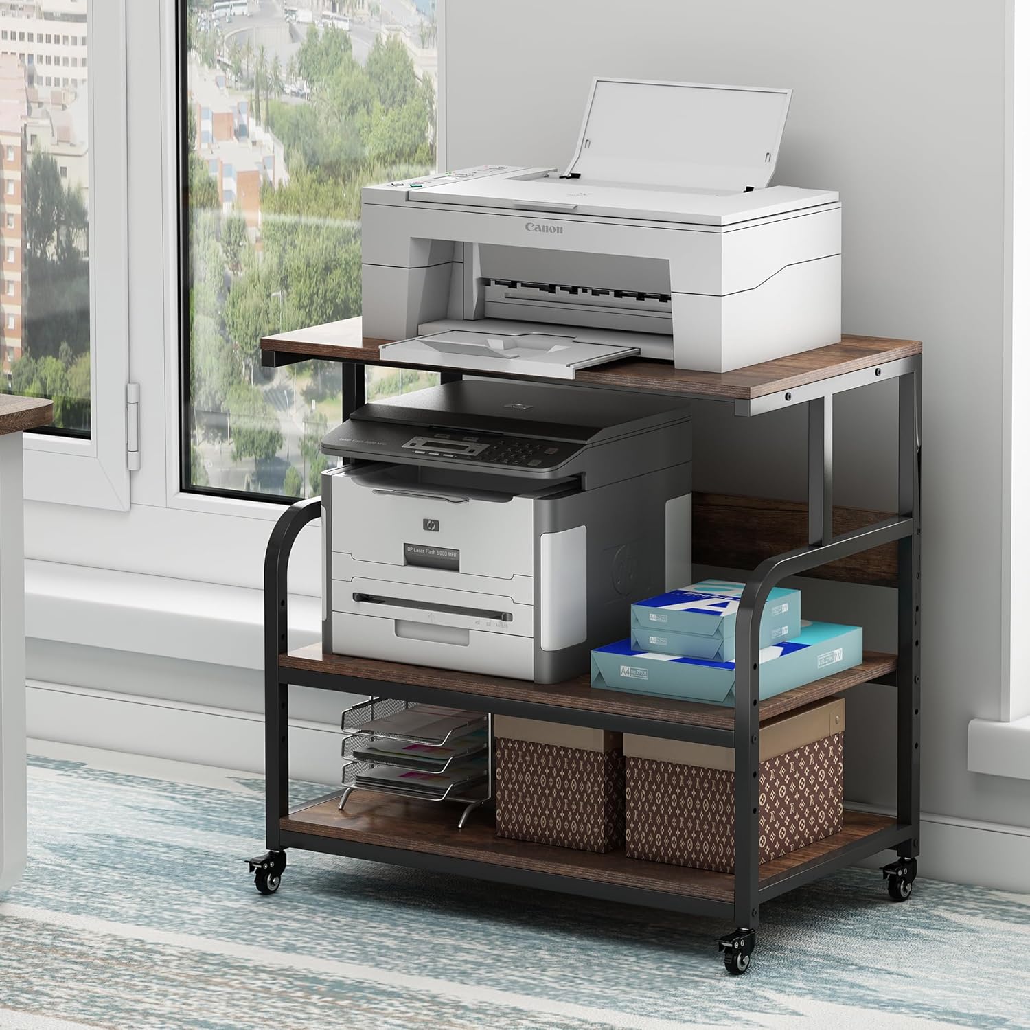 32.3" Wide Extra Large Printer Stand, 3 Tier Printer Table with Adjustable Storage Shelf, Rolling Printer Cart with Industrial Wheels for Home Office, Rustic Brown