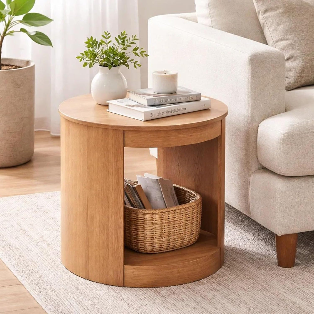 Benzara Sery Side End Table, 22 Inch Round Top with Open Lower Shelf, Oak Brown