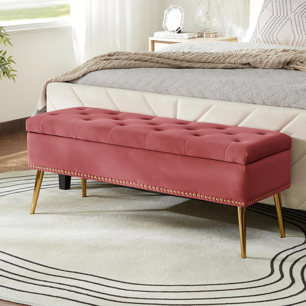 HULALA HOME Modern Velvet Storage Ottoman Bench with Gold Base & Nailhead...