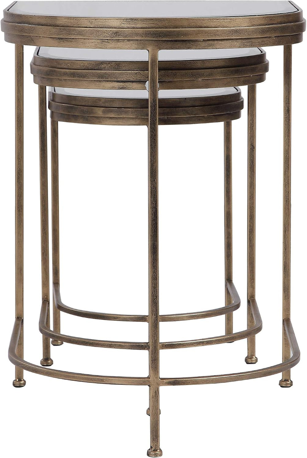 Elegant Demilune Half Oval Nesting Table Set 3 Modern Bronze Metal Mirror Top