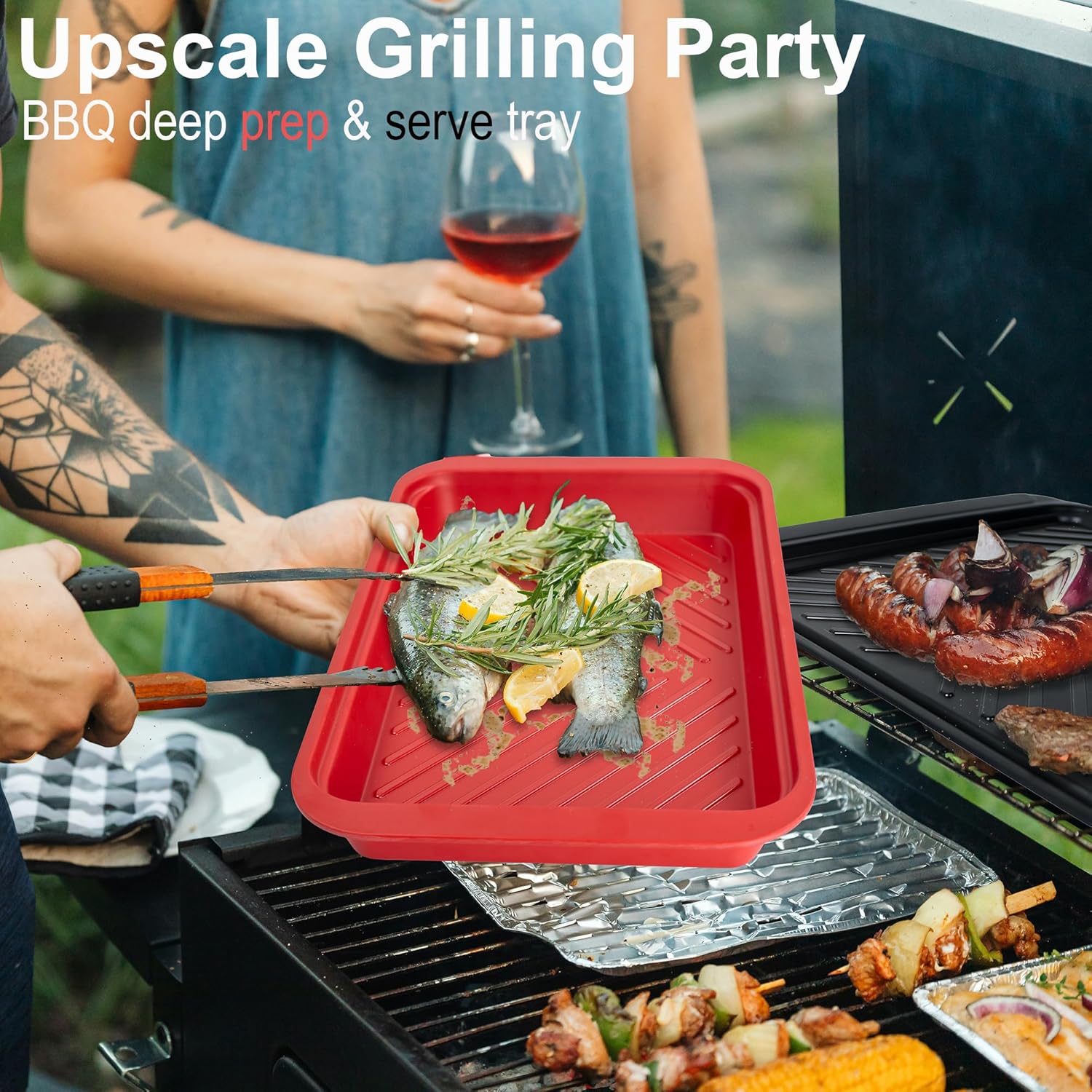 Grilling Prep and Serving Tray with Lid, Bamboo BBQ Deep Trays for Marinating Raw and Cooked Food, Melamine Serving Trays for Food, Black and Red