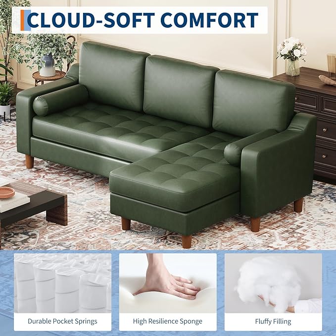 GarveeHome 88.9" L-Shape Sofa&Couch with Convertible Chaise, Sectional Sofa with Deep Seat, Modern Mid-Century Sofa for Living Room, 3 Seat Comfy Leather Couch, Green