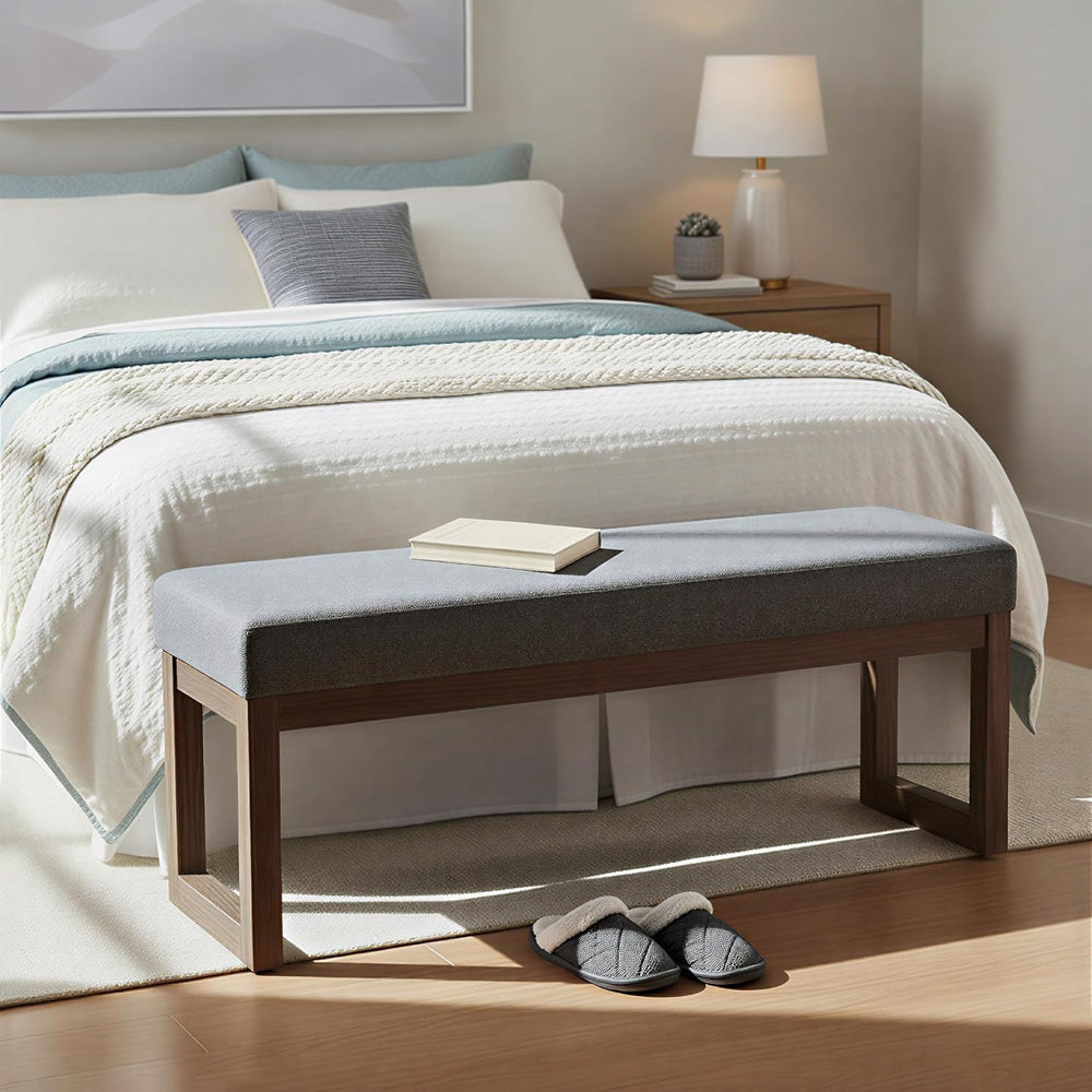 SIMPLIHOME Milltown Large Ottoman Bench - 44 inch Wide Upholstered Linen Look...