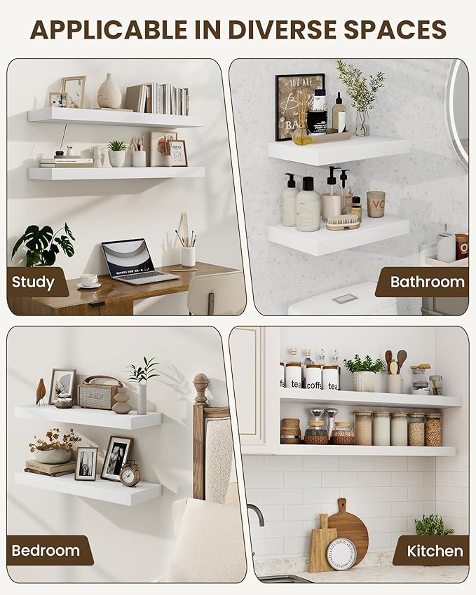 Marsmiles 16" Floating Shelves for Wall, Wooden Shelves with Invisible Brackets Set of 2, Rustic Farmhouse Wall Mounted Shelf for Kitchen Bathroom Living Room Study, White