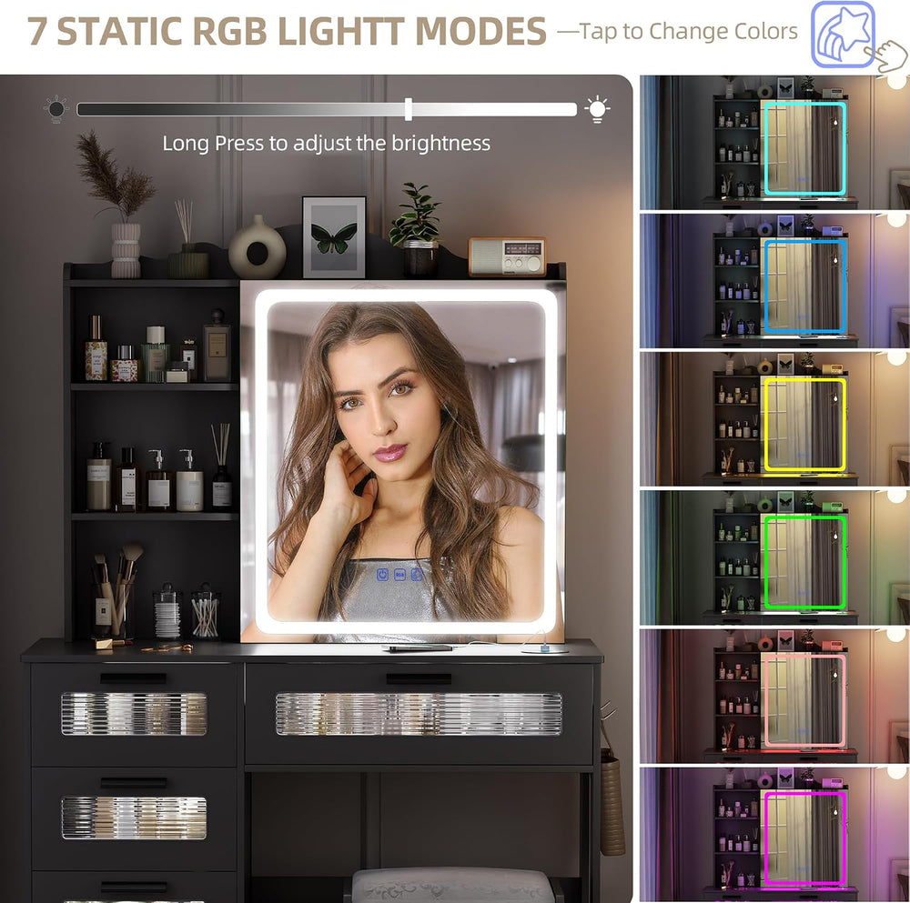 Gurexl RGB Vanity Desk with Sliding Mirror and Lights,Glass Top Makeup Vanity...