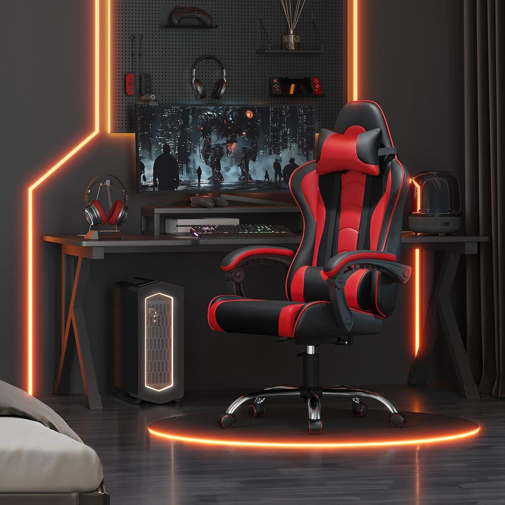 Yaheetech Gaming Chair with Massage Lumbar Pillow High Back Reclining Red | P...