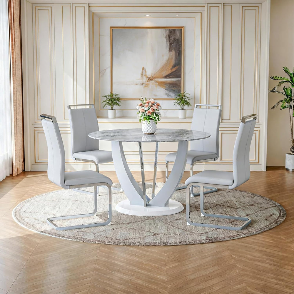 47" Grey Glass Round Dining Table Set for 4, Faux Marble Kitchen Table w...