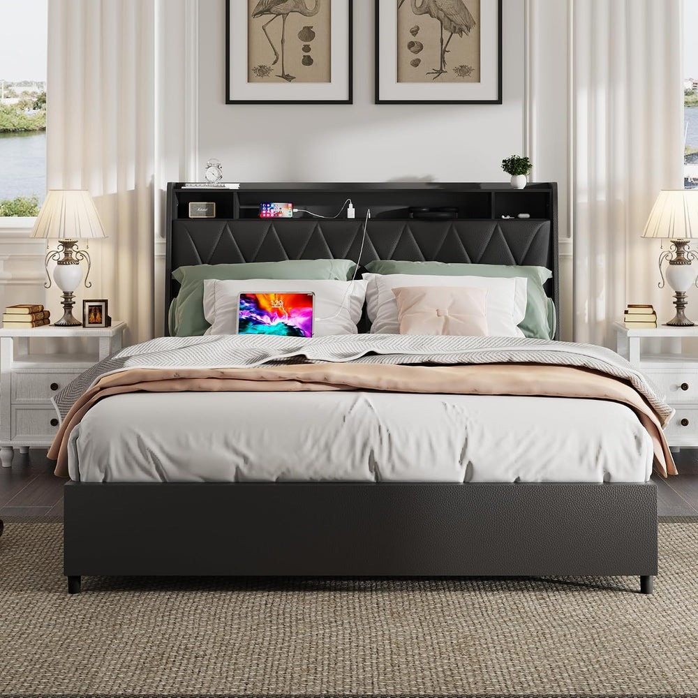 Peanu Queen Bed Frame, Ergonomic Headboard, Built in Charger Black