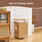 Laundry Hamper with Lid and Removable Liner Bag, Handwoven Natural Hyacinth Clothes Hamper with Heightened Feet, Wicker Laundry Basket for Clothes and Towels，Small