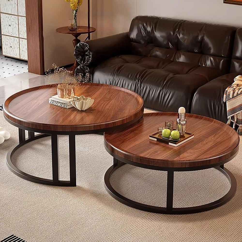 Modern Round Nesting Coffee Tables for Living Room, 2-Piece Set with Wood Top...