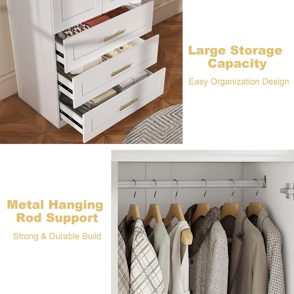 Armoire Wardrobe Closet with Drawers: 75" White Large Wardrobe Closet with Doors, Tall Clothes Cabinets for Bedroom, Wood Clothes Armoire with Hanging Rod