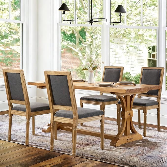 Upholstered Back Dining Chairs Set of 4, French Country Padded Kitchen Chairs, Rustic Solid Wood Farmhouse Chairs for Dining Room & Breakfast Nook, Dark Gray