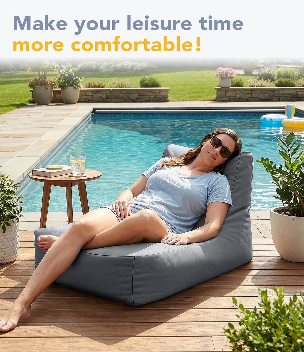 Outdoor Bean Bag Chair Lounger with Shredded Foam Filling, Gray | For Patio Poolside Relaxing, Splash-Proof Detachable Zipper Cover, Small Beanbag Floor Sofa