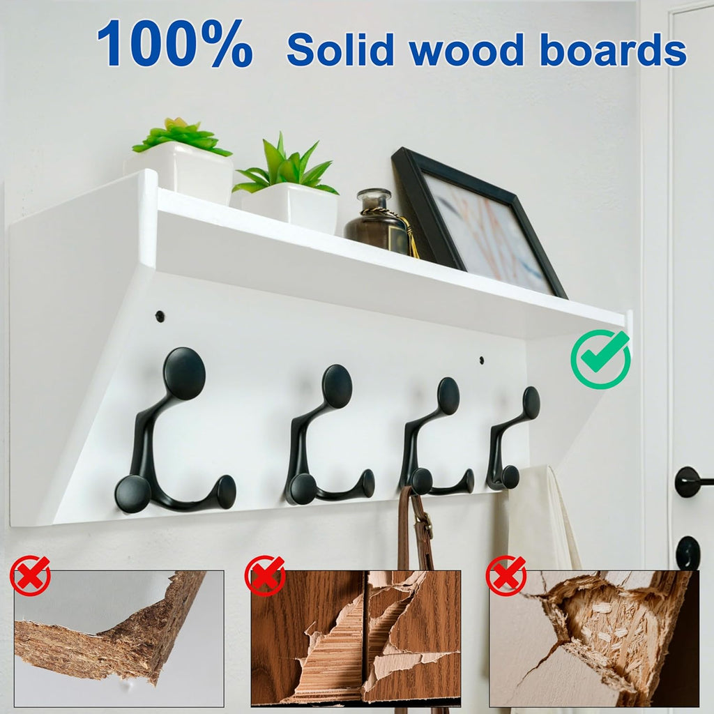 WEBI Wall Shelf with Hooks Underneath,24” Long Wall Mounted Coat Rack with Shelf,Entryway Coat Rack with 4 Triple Hooks for Hanging Coats,Jacket,Hallway,Bedroom,Mudroom,White