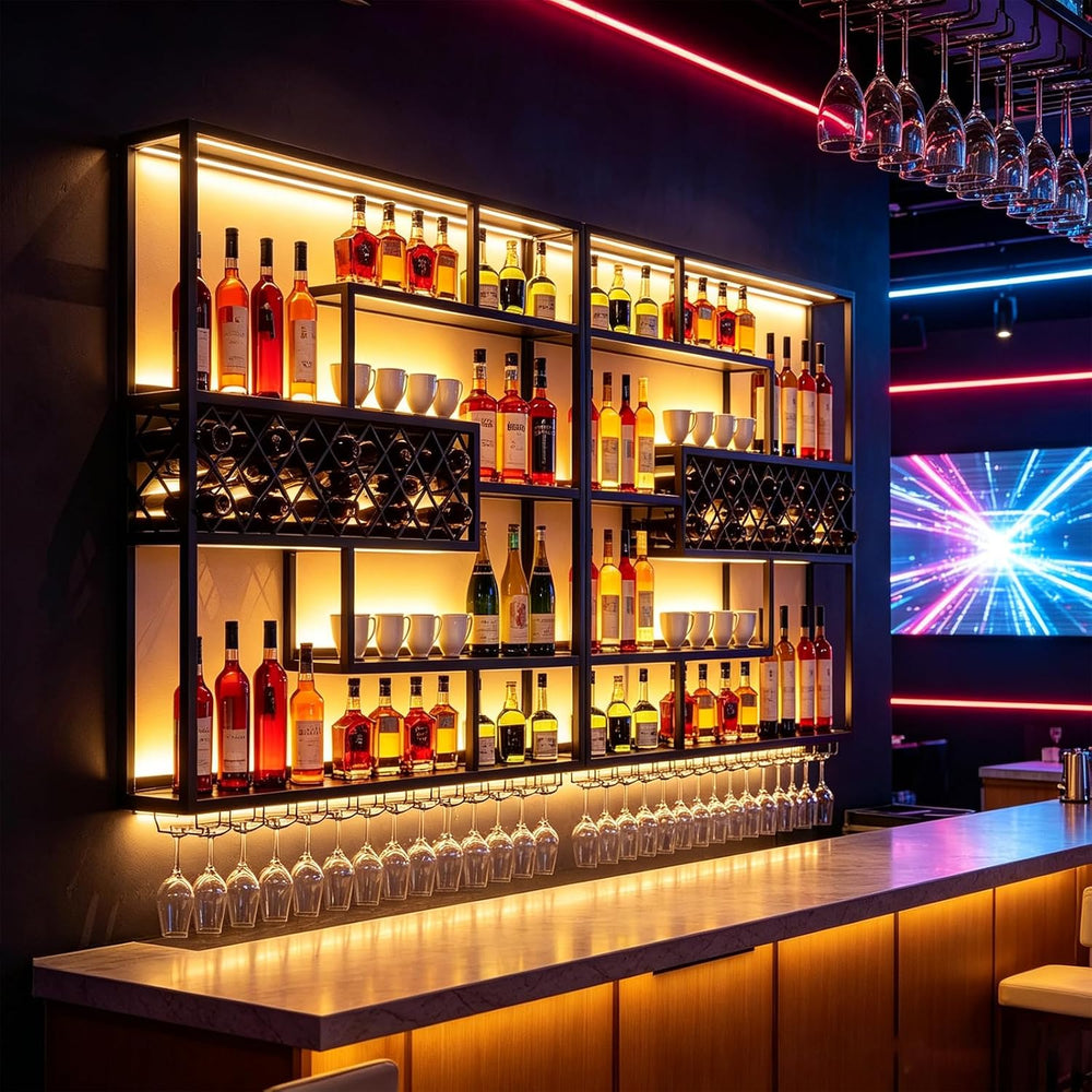 LED Wall Mounted Wine Rack with Glass Holder, Iron Bar Shelf | Warm LED Backl...