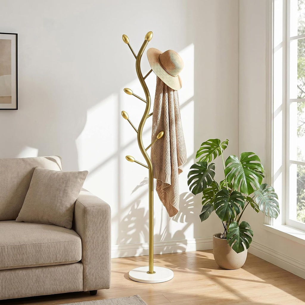Coat Rack Freestanding, Artistic Tree-Shaped Gold Metal Hall Tree with Heavy-Duty Marble Base, Elegant Corner Garment & Purse Tree with 8 Rounded Hooks for Entryway, Bedroom, Office