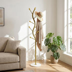 Coat Rack Freestanding, Artistic Tree-Shaped Gold Metal Hall Tree with Heavy-Duty Marble Base, Elegant Corner Garment & Purse Tree with 8 Rounded Hooks for Entryway, Bedroom, Office