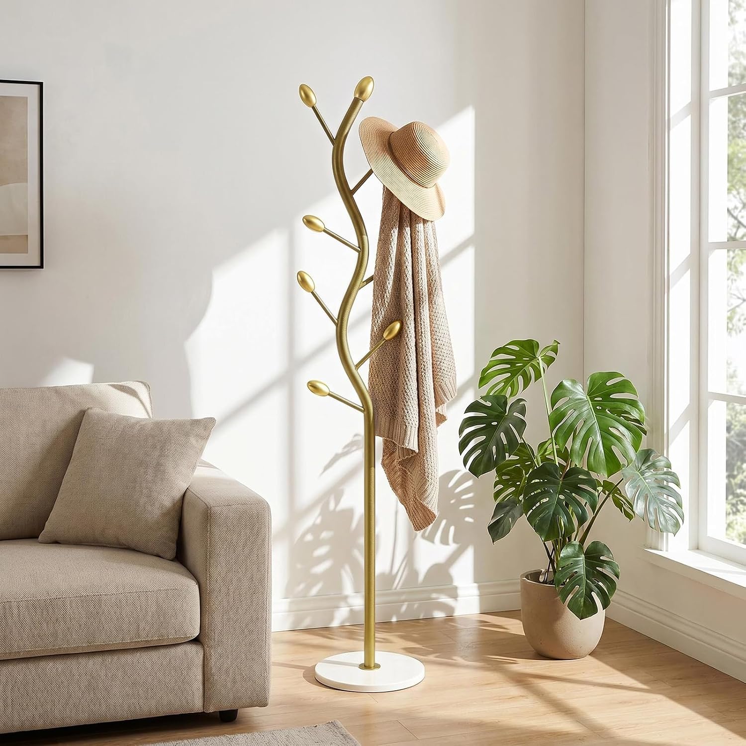 Coat Rack Freestanding, Artistic Tree-Shaped Gold Metal Hall Tree with Heavy-Duty Marble Base, Elegant Corner Garment & Purse Tree with 8 Rounded Hooks for Entryway, Bedroom, Office