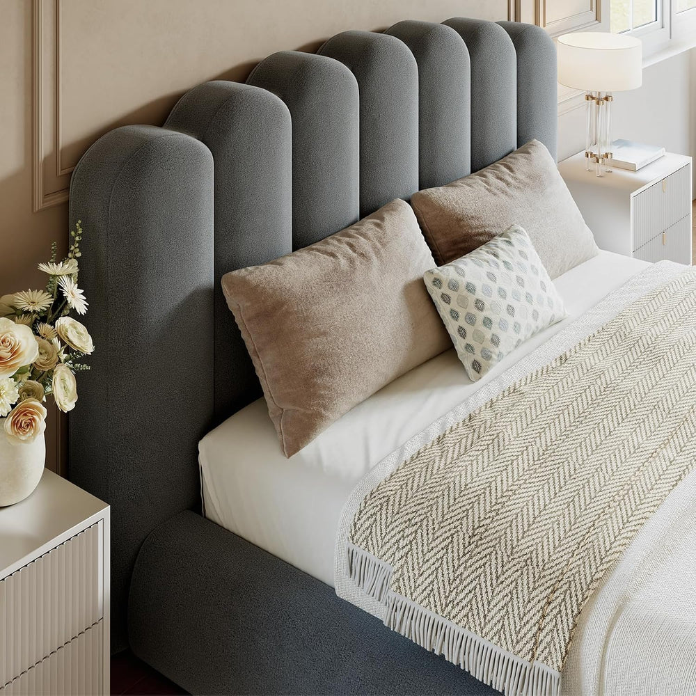 Queen Size Cloud Bed Frame with Wave Headboard, Plush Foam Upholstered Platfo...