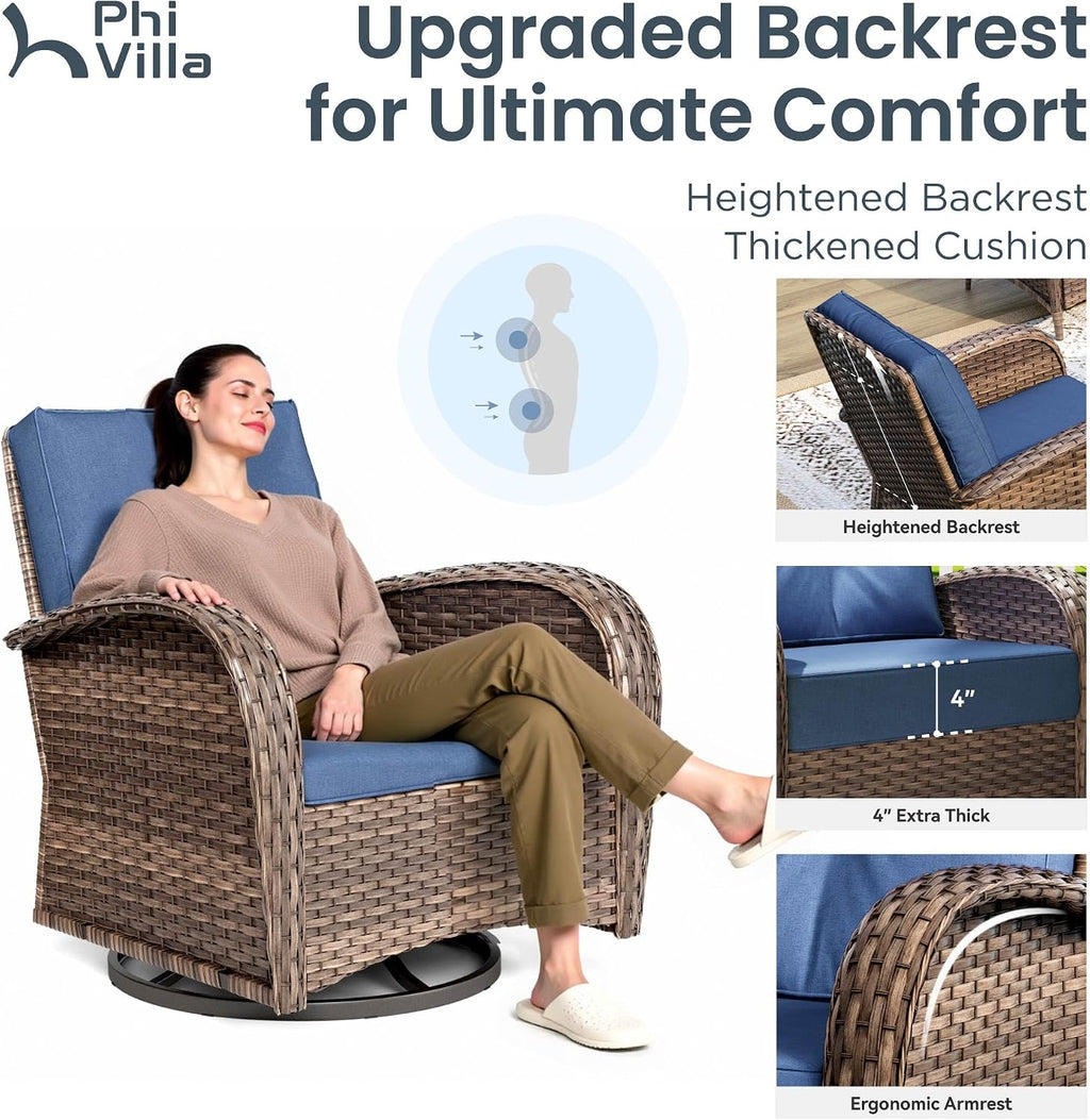 PHI VILLA Wicker Patio Chairs, Outdoor Swivel Glider Chairs Set of 2 | 2 Piece PE Rattan Wicker Patio Furniture Set with Cushions for Porch Deck Balcony