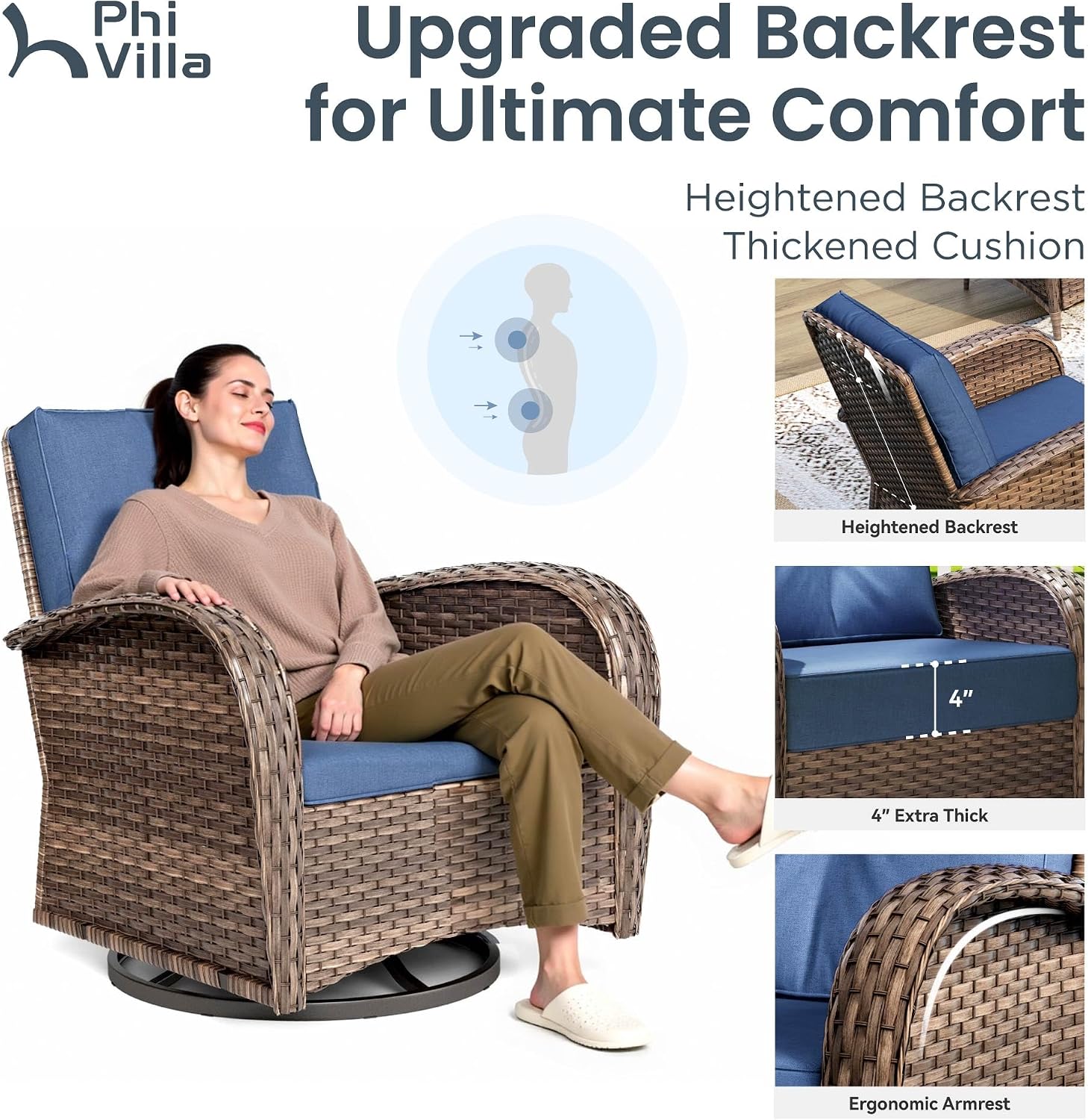 PHI VILLA Wicker Patio Chairs, Outdoor Swivel Glider Chairs Set of 2 | 2 Piece PE Rattan Wicker Patio Furniture Set with Cushions for Porch Deck Balcony