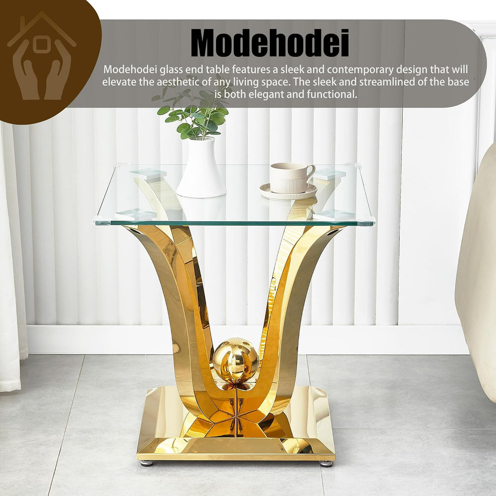 New Gold Glass Side Table, Luxury End Table with Mirror Finish Stainless Stee...