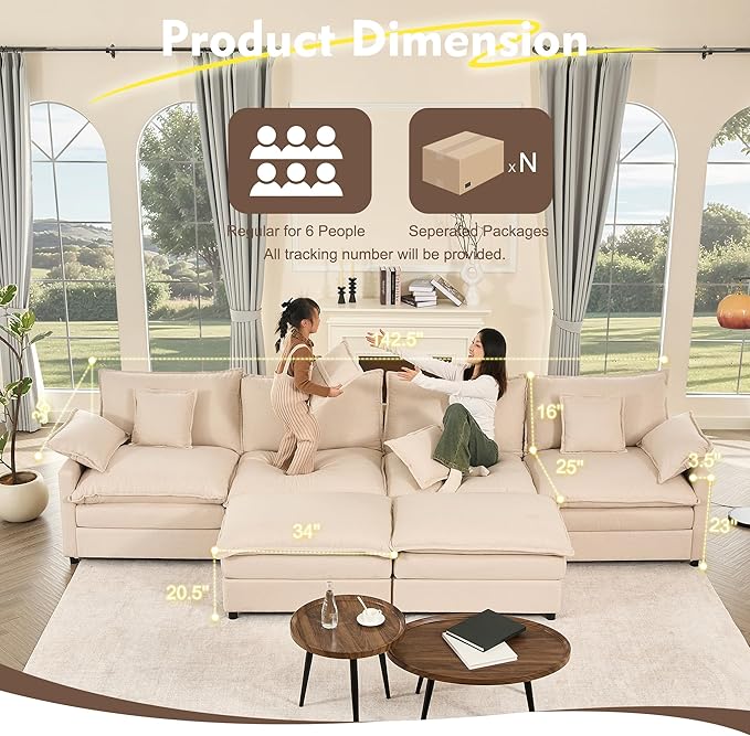 142.5" U Shaped Couch, Modular Sectional Sofa, 3-Seater Comfy Cloud Couch, Set of Modular Pieces with Movable Ottoman, Deep Seat Couches for Living Room, Linen, Beige