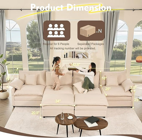 142.5" U Shaped Couch, Modular Sectional Sofa, 3-Seater Comfy Cloud Couch, Set of Modular Pieces with Movable Ottoman, Deep Seat Couches for Living Room, Linen, Beige