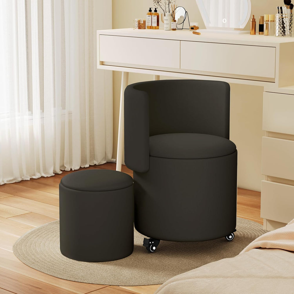 Round Vanity Chair with Storage, Rolling PU Leather Swivel Work Makeup Stool ...