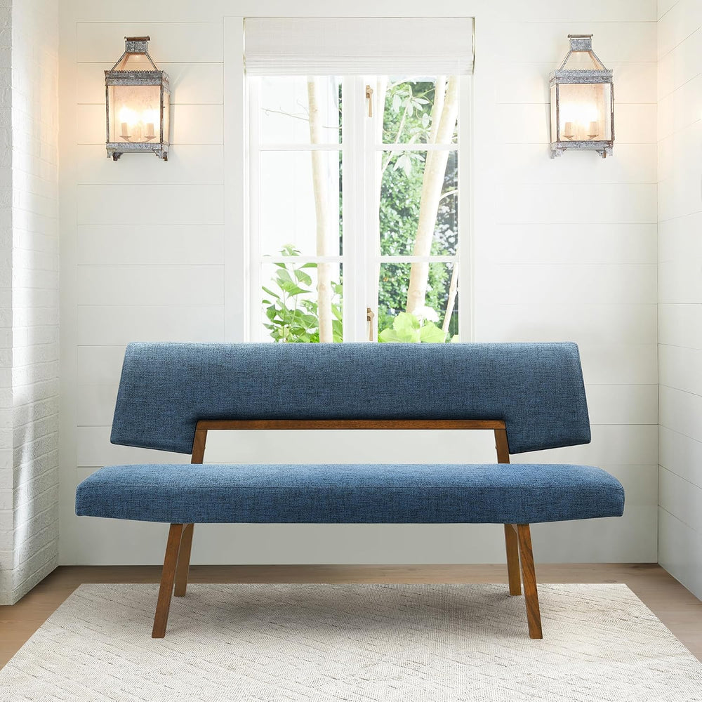 Channell Wood Dining Bench in Walnut Finish with Blue Fabric