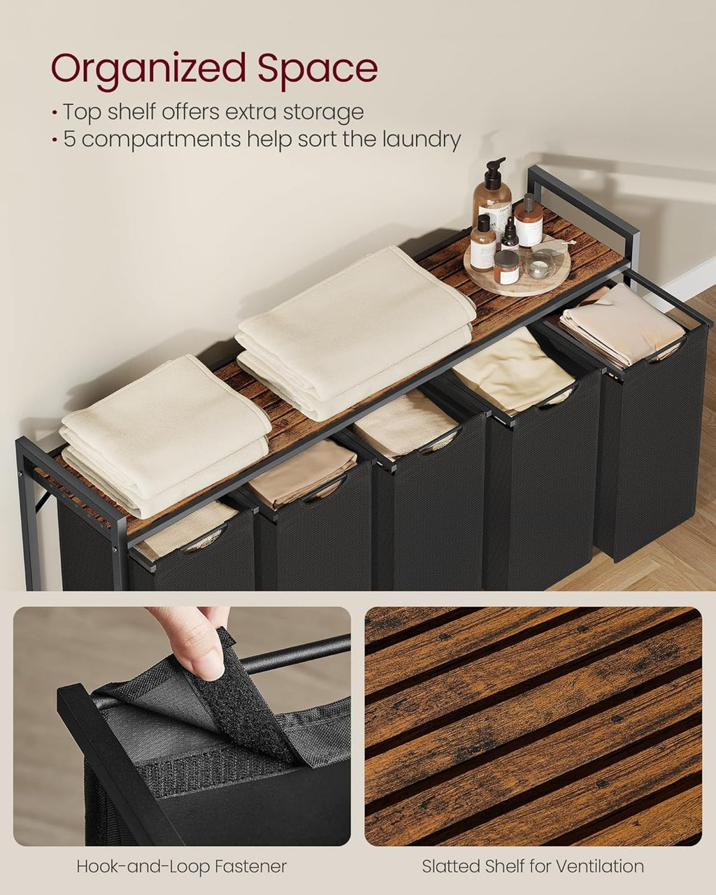 VASAGLE Laundry Hamper, Laundry Basket, Laundry Sorter with 5 Pull-Out and Removable Bags, Shelf, Metal Frame, 5 x 10.6 Gallons (40 L), 56.5 x 13 x 28.4 Inches, Ink Black and Rustic Brown UBLH501B01