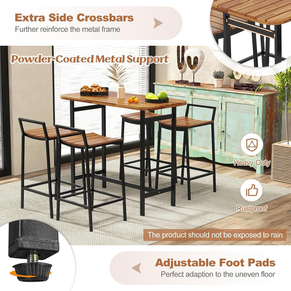 Tangkula 5 Piece Acacia Wood Bar Table Set, Outdoor Bar Height Table & Ch...