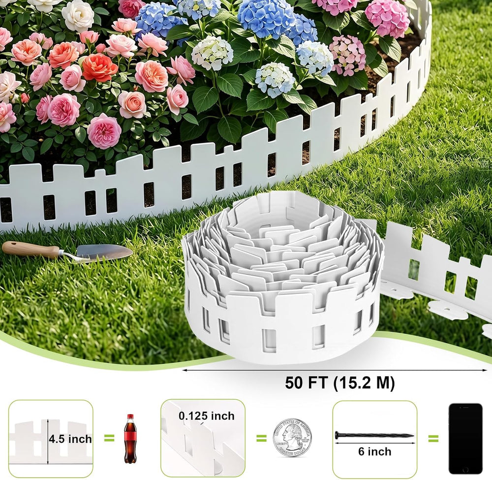 Garden Edging Border, 50ft x 4.5 in White Picket Fence with 90 Stakes