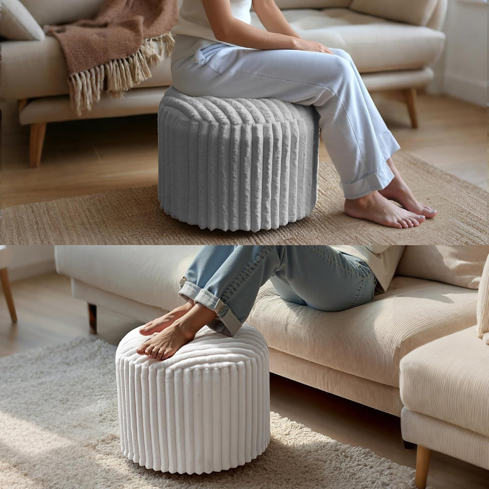 Round Stuffed Pouf Ottoman, Stripe Faux Fur Footrest, Solid Block Support+Sof...