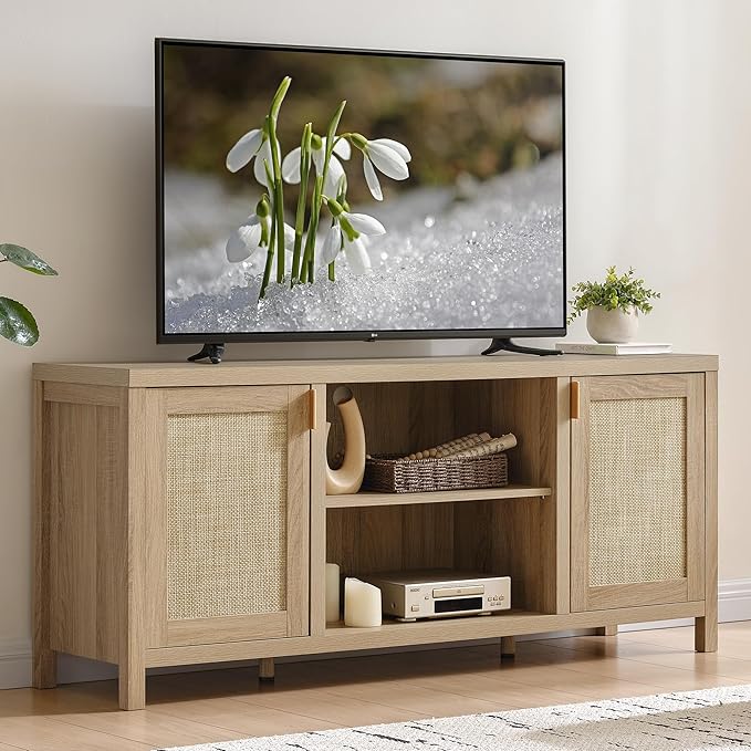 SICOTAS Rattan TV Stand for Living Room - 26" Tall TV Console Cabinet with Storage and Adjustable Shelf, Boho Entertainment Center, 59" Media Console for 50, 55, 65 Inch TV, Light Oak
