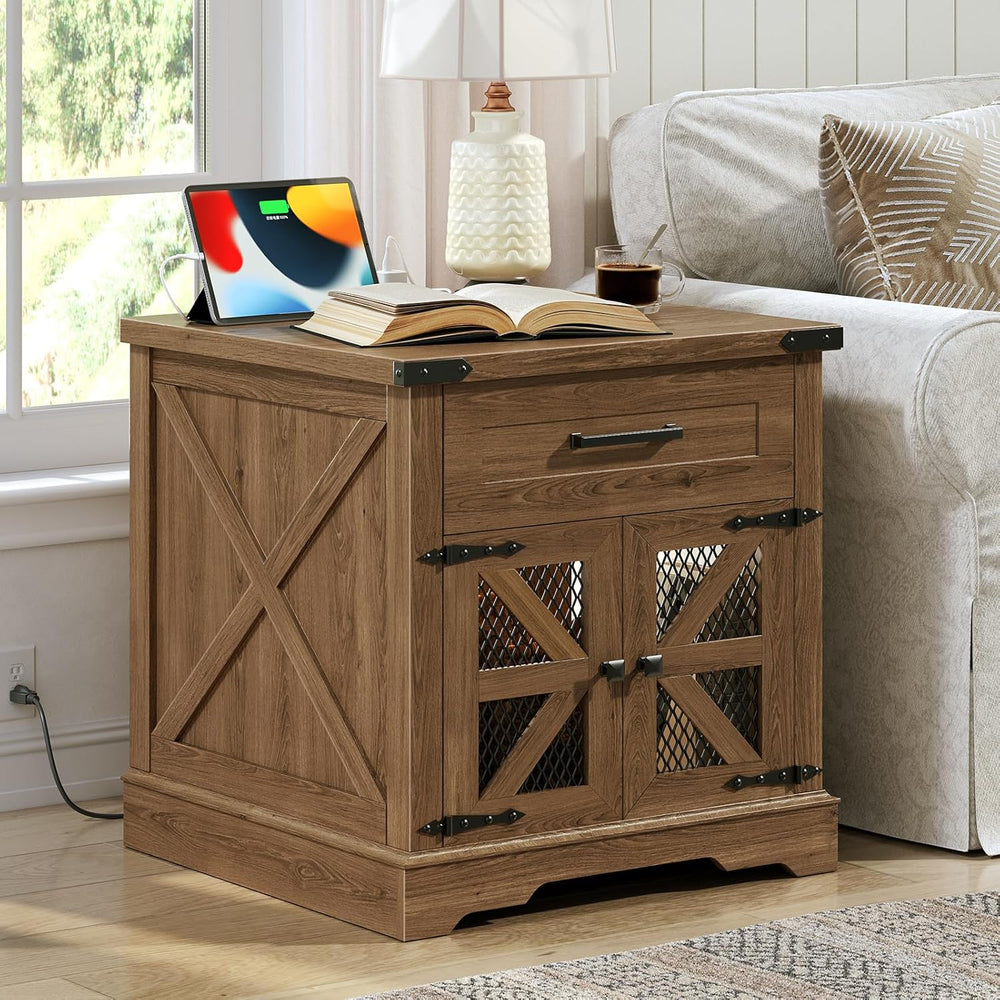 RALGEND Walnut Farmhouse End Table with Charging Station, 24" Large Sofa...