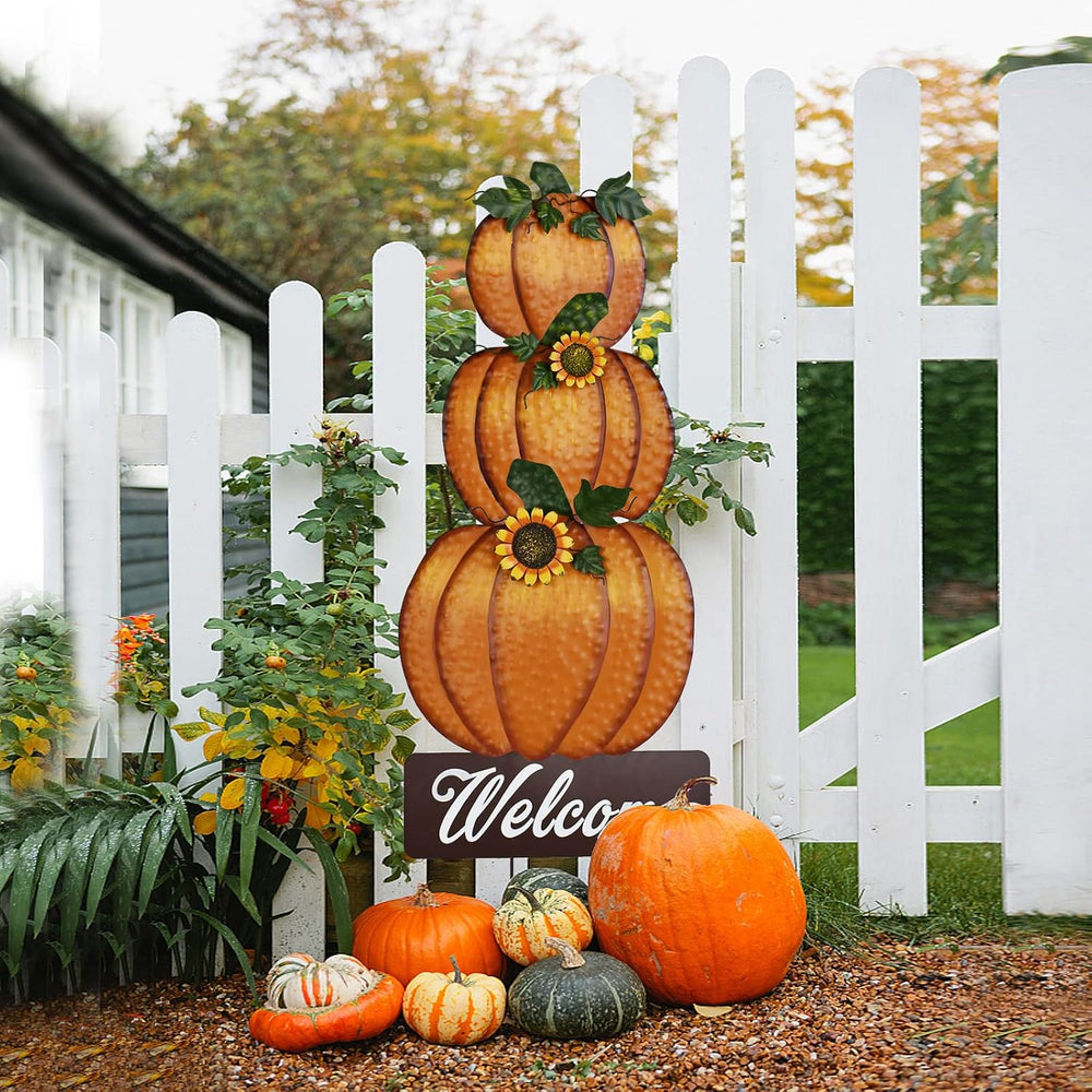 Metal Fall Pumpkin Stake Decorative Stacked Pumpkins Yard Welcome Sign