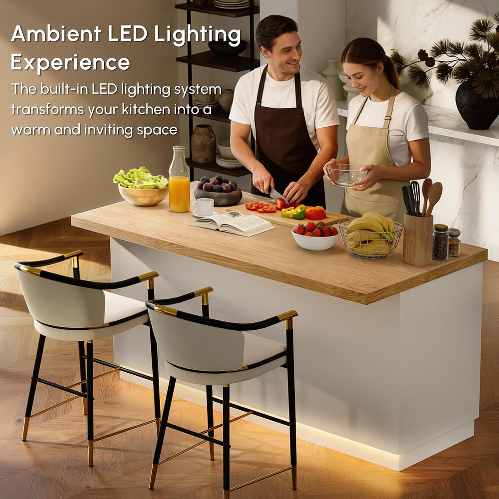 homary 72" Large Natural Kitchen Island with Storage & LED Lights, W...