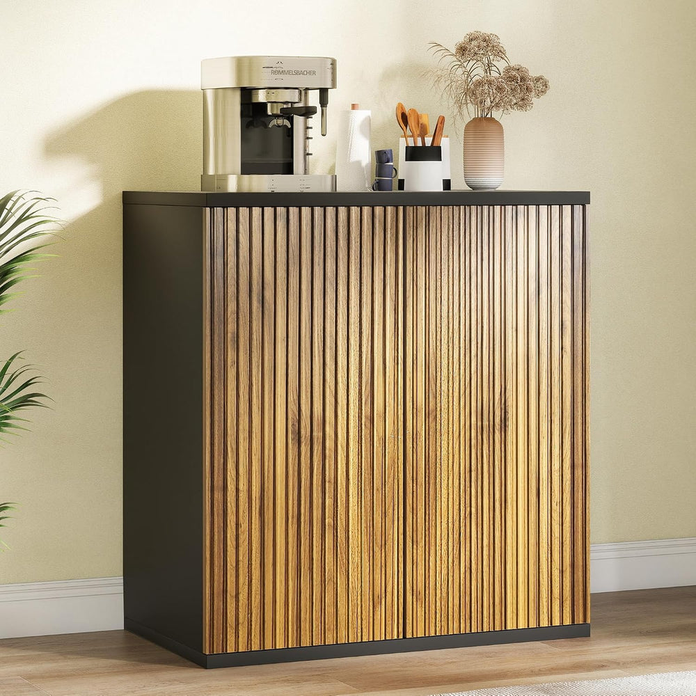Buffet Cabinet with Storage Walnut Fluted Wooden Accent Sideboard with Pop-Up...