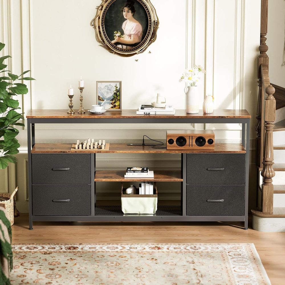 Huuger TV Stand Dresser with Power Outlets and LED Lights, 4 Drawers Entertai...