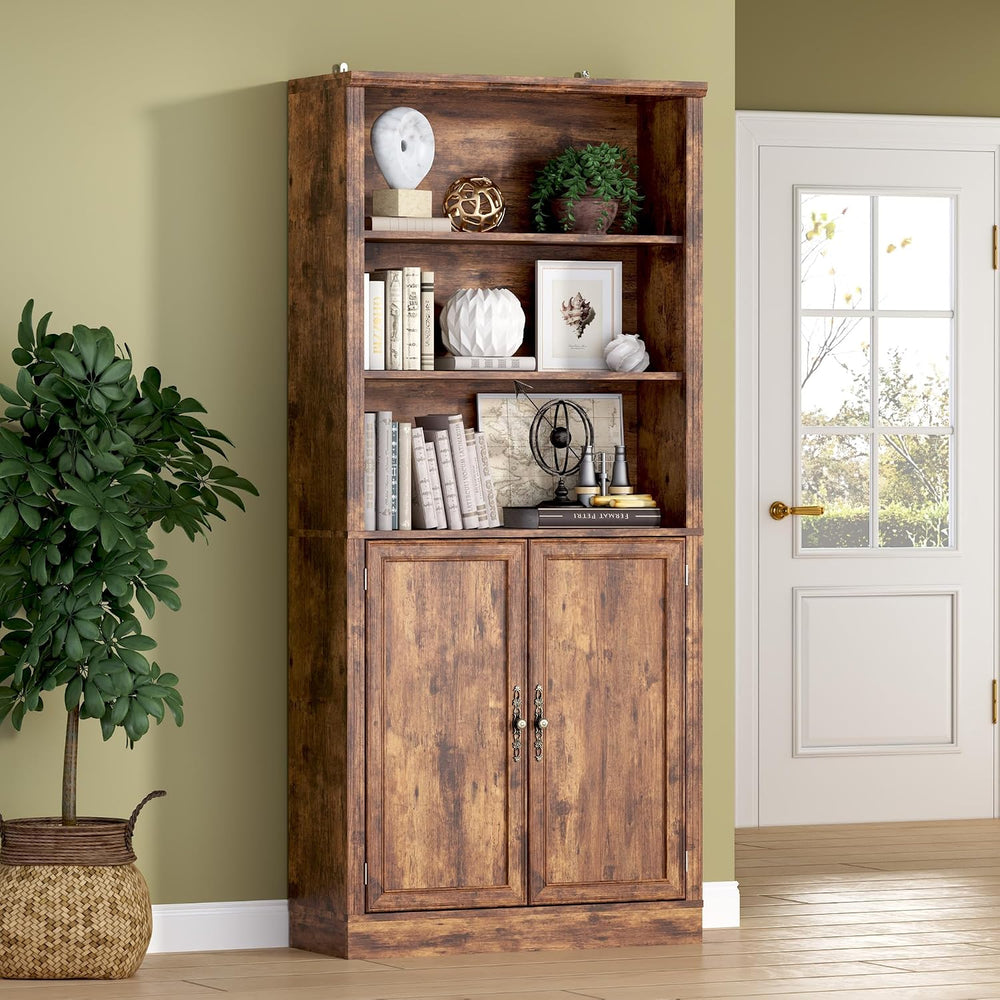 BORNOON 70.1" Tall Bookshelf with Cabinet, 5-Tier Floor Standing Bookcas...